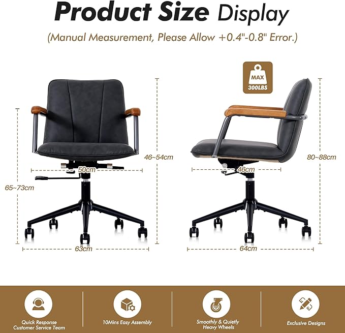 Home Office Desk Chair, Ergonomic Minimalist Faux Leather Swivel Chair with Oak Wood Armrests, Comfortable Task Chair for Computer or Study Room, 2 Pack, Charcoal Gray