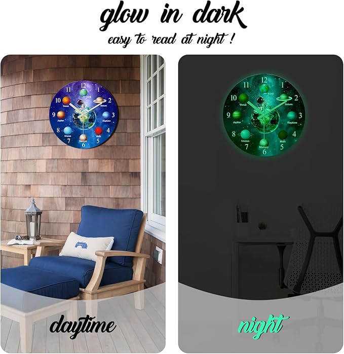 Blue Glow in The Dark Wall Clock for Bedroom Small Wall Clocks Battery Operated 12 Inch Silent Wall Clock for Teenager