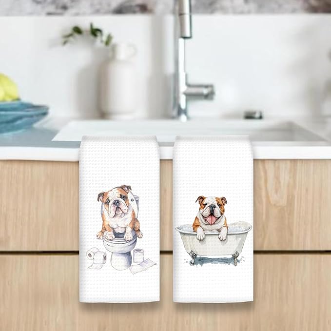 Funny English Bulldog Dog Hand Towels Set of 2, Gifts for English Bulldog Dog Owners Lovers, Puppy Pet Decor for Bathroom, Pet Lovers Gifts Toilet Hand Towels for Bathroom Washroom, 16x24In
