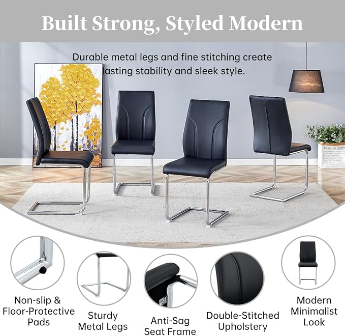 63" Modern Black Dining Table Set for 6 with Chairs, 7 Piece Rectangular Dining Room Table and 6 PU Leather Chairs, Kitchen Dining Set with Matte Wood Finish, Geometric Base, Easy Assembly