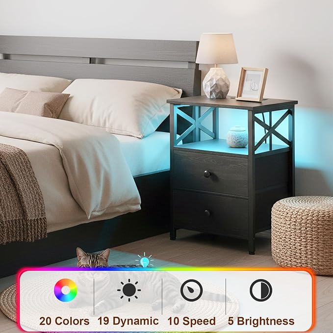 AMHANCIBLE Night Stand Set 2, LED Nightstand with Charging Station, End Tables Living Room with Fabric Drawers, Bedside Table for Bedroom, Black, HET052LBK