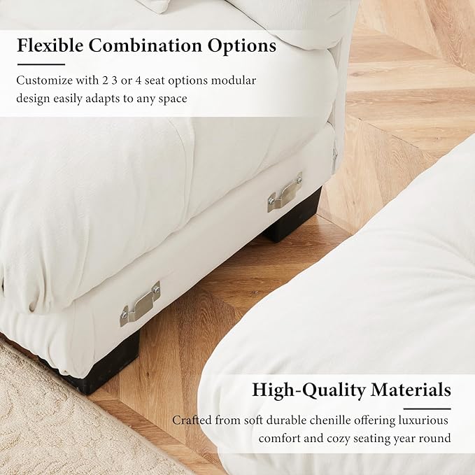 94.4" Loveseat Sofa, 2 Seater Modular Sectional Sofa, White Large L Shaped Sectional Fluffy Couch, Chenille Cloud Couch with Ottoman, Deep Seat Sofas for Living Home