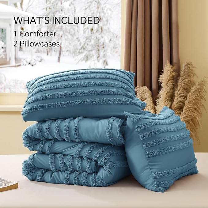BEDELITE Boho Comforter Set Queen Size, Dusty Blue Tufted Striped Bed Set 3 Pieces, Soft Vintage Farmhouse Comforter for All Seasons, Boho Home Decor,Fluffy Jacquard Bedding with 2 Pillow Shams