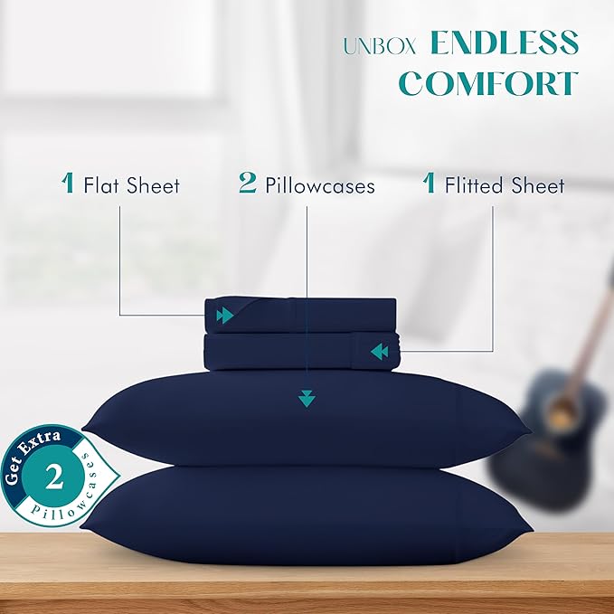 XOOX Linen 100% Egyptian Cotton Sheets Queen Size - 1200 Thread Count Queen Size Sheets Set Egyptian Cotton, 4 PC Luxury Bedsheet (Navy Blue), Soft, Cooling, 17" Deep Pocket Sateen Weave Bedsheet Set