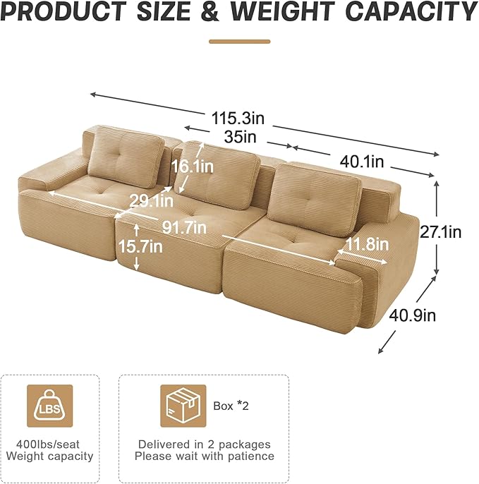 115" Modern Compressed Boneless Couch, 3 Seater Sectional Couches for Living Room, Camel Corduroy Cloud Modular Sectional Sofa, Comfy Memory Foam, Extra Deep, Sofas para Sala, No Assembly