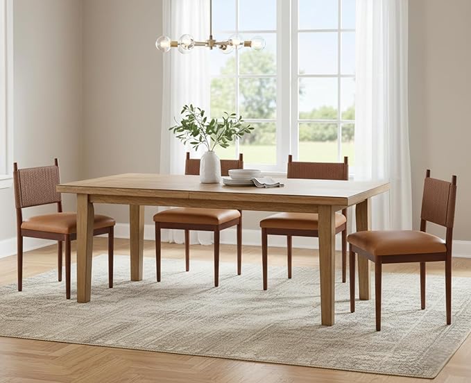 CIMOTA Brown Faux Leather Dining Chairs Set of 4, Mid Century Modern Upholstered Dining Room Chairs with Woven Back, Armless Kitchen Chairs with Walnut Solid Wood Legs, PU