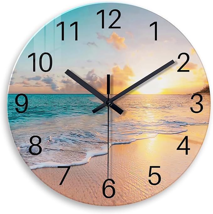 Beach Wall Clock Battery Operated 12 Inch Glass Wall Clock Non Ticking Analog Blue Wall Clocks for Bedroom Living Room Office Decor