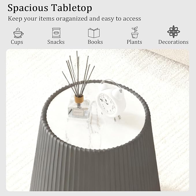 Grey Round Coffee Table with Sintered Stone Tabletop, 17.71" Drum Coffee Table with Fluted PU Leather Covered and Stable Base, Circle Cocktail Tea Table for Living Room