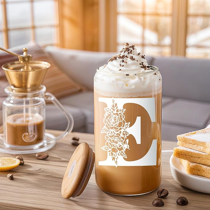 DWTS DANWEITESI Birthday Gifts for Women: Initial Glass Cup as Office Graduation Memorial Holiday Personalized Gifts - for Husband Aunt Uncle Teen Boy Employee Coworkers Him and Her - E Aesthetic Cup
