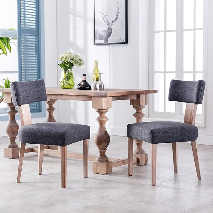 Linen Dining Chairs Set of 4, Modern Dining Chair with Curved Backrest and Wood Legs Upholstered Dining Chairs Farmhouse Dining Room Chairs Kitchen Chairs, Charcoal