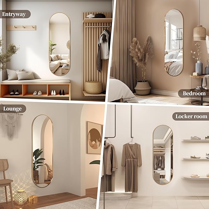 Oval Full Length Mirror, 65"×22" Wall-Mounted Floor Mirror with Metal Frame, Ultra-Clear Explosion-Proof Dressing Mirror, Simple and Classic Deco for Cloakroom/Bedroom/Living Room, Gold