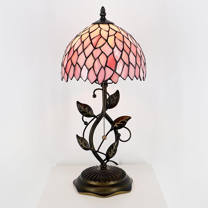 Small Tiffany Lamp Pink Leaf Style Stained Glass Table Lamps Desk Bedside Reading Light 8X8X18 Inches with Bronze Metal Leaf Resin Base