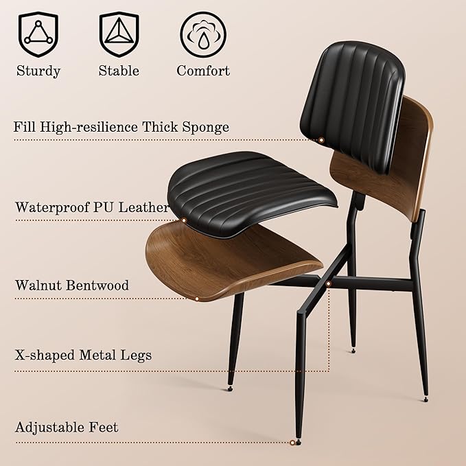Dining Chairs Set of 2, Mid-Century Modern Upholstered PU Leather Chairs with Walnut Bentwood Back and Metal Legs Adjustable Feet for Kitchen Dining Living Room, Dark Black Vertical Stripes