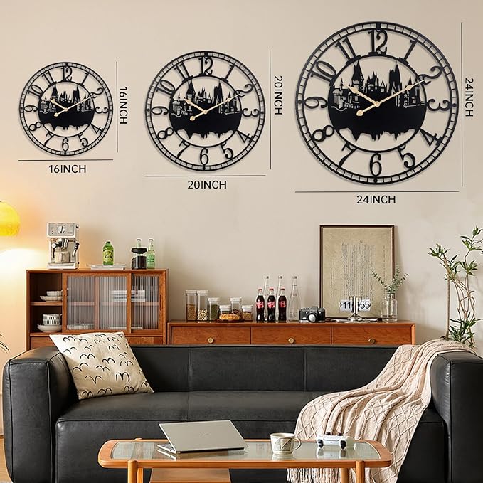 Wall Clocks for Living Room, Metal Black Castle with Metal Golden Retro Hands, Battery Operated Silent Non-Ticking Large Wall Clock for Bedroom Kitchen Living Room Home Decor,24x24Inch