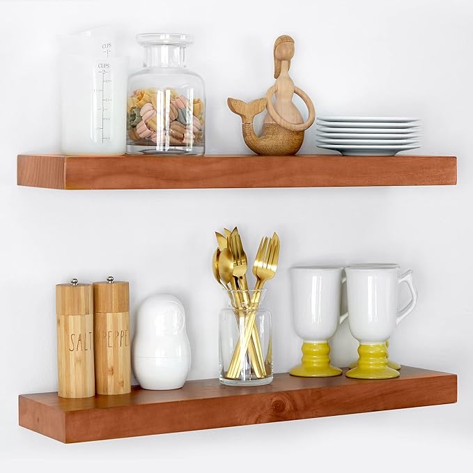 Homeforia 24inch Oak Floating Shelf for Wall, High End Solid Real Wood 24 inches Long Floating Shelves for Bathroom, Honey Oak Wooden Floating Shelves, Heavy Duty Bracket, 24 X 6.5 X 1.75 in, Set of 4