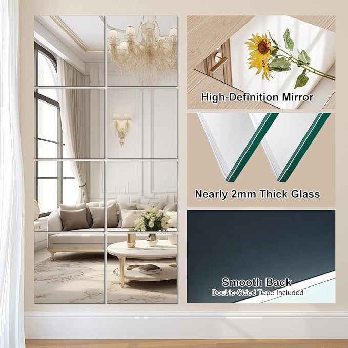 Vlush Home Gym Mirror Tiles 11'' x 11'' x 8PCS Full Body Mirror Full Length & Wall Mounted Mirrors Decorative for Home Gym, Door, Bedroom & Bathroom