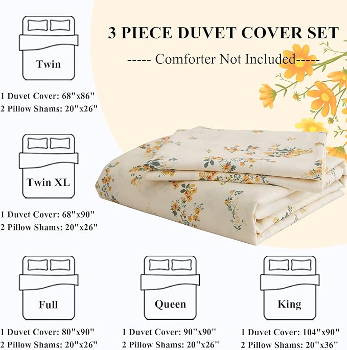 LifeTB Bed Linen Set, Queen Botanical Floral Duvet Cover Set with 2 Pillowcases, 100% Cotton, Zipper Closure, 90x90in