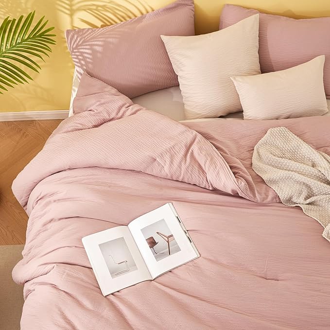 King Size Comforter Set Dusty Rose - Double-Layer Crinkle Gauze Bed Set, 3 Pieces Soft Bedding Set for All-Season, Lightweight Warmth with 2 Pillowcases