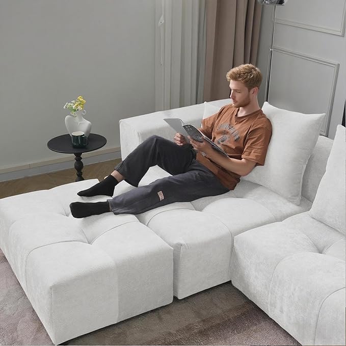 JACH 183.5 Inch U-Shaped Modular Sectional Sofas, Modern 4-Seater Couch with Chaise Ottomans, Mid Century Modern Sectional Couches, Cozy Sleeper Sofa for Living Room (Linen Fabric, White)
