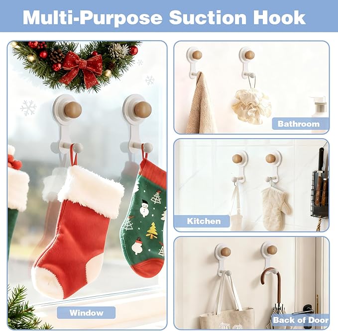 Wreath Hangers for Front Door,Suction Cup Hooks for Shower,Removable No-drill Suction Cup Hook for Door Wreaths/Glass Window/kitchen,Ideal for Holiday/Christmas Door Decoration(2 pcs-4 suction cups)