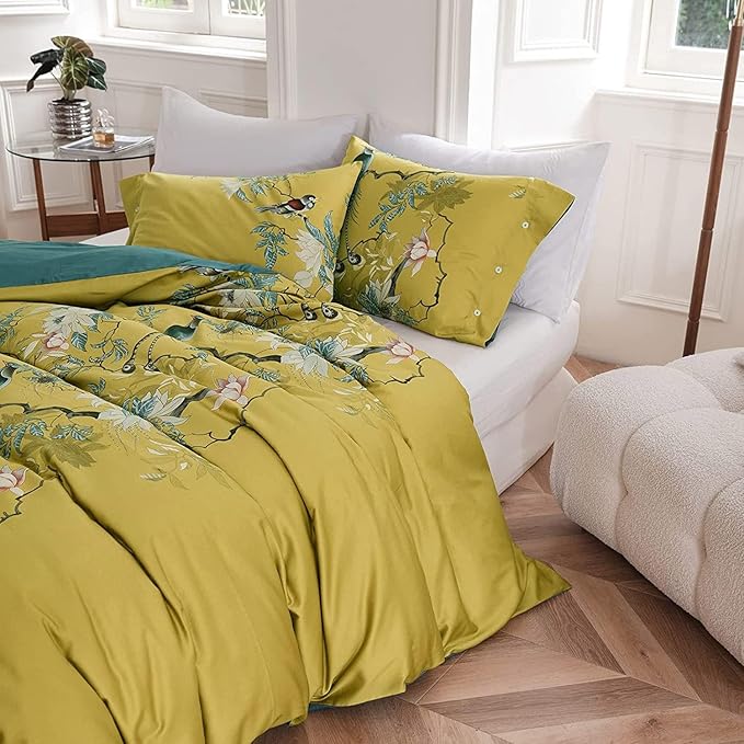 LifeTB Vintage Floral Duvet Cover Set Queen 3 Pieces Birds Flowers Pattern Duvet Cover Luxury Soft Cotton Floral Comforter Cover Garden Style Bird Flowers Bedding Set Queen Size Breathable