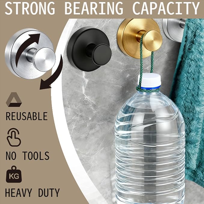 4 PCS Upgraded Drill-Free Suction Cup Hooks, Shower Towel Hooks for Bathrooms Stainless Steel Suction Hook Towels Hanger for Bathroom Kitchen Clothes Mirror Wall (Brushed Silver)