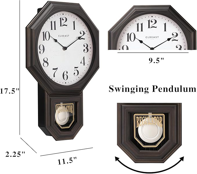 CLXEAST Pendulum Wall Clocks for Living Room Decor, Large Schoolhouse Regulator Clock with Pendulum,Oil Rubbed Bronze Black Plastic,House Warming Gifts New Home,12" W x 17" H