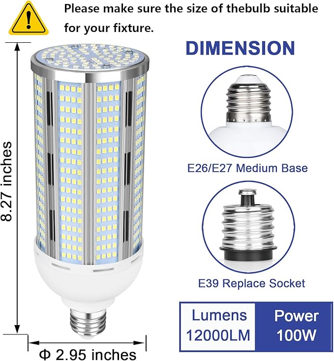100W LED Corn Bulb 2 Pack, 12000 Lumens Super Bright Light, 5000K Daylight White LED Corn Light Bulb, E26/E39 Mogul Base LED Bulb for Outdoor Indoor Garage Warehouse Factory Workshop