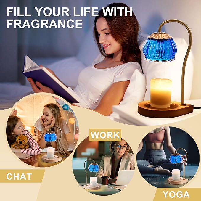 Candle Warmer Lamp with Timer, Dimmable Candle Warmer Lantern Light, Electric Glass Shade Jar Candle Warming Holders for Home Decoration Gift for Women, Dark Blue