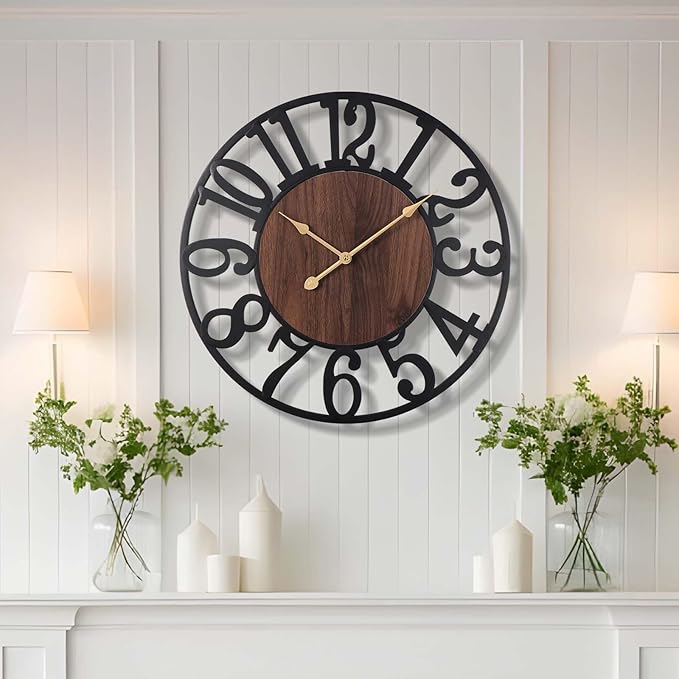 Vantic 24 Inch Large Wall Clock, Arabic Numeral Wood Oversized Wall Clocks for Living Room Decor, Farmhouse, Bedroom and Kitchen, Completely Silent, Non Ticking, Battery Operated