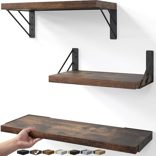 BAYKA Wall Shelves for Bedroom Decor, Floating Shelves for Wall, Display Mounted Rustic Wood Shelf for Books,Plants,Corner Shelves for Bathroom,Kitchen,Living Room(Rustic Brown,Set of 3)