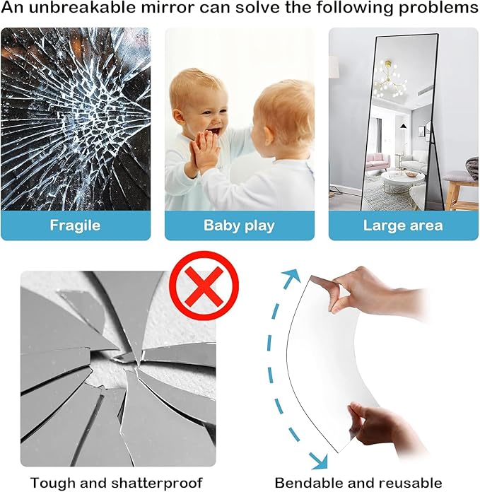Full Length Wall Mirror Tiles, 8"x 8" x 4 Pcs Acrylic Mirror Wall-Mounted, Shatterproof Non Glass Safety Mirrors Great for Baby Kids Playroom