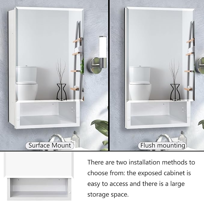 Bathroom Medicine Cabinet with Mirror, 16x26 Inch Platstic Framed Beveled Edge Mirror Cabinet with Removable Shelves, Extra Storage Space, Recessed or Surface Mount