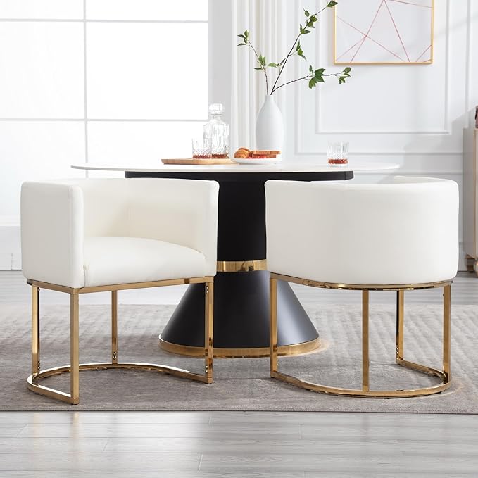 Faux Leather Dining Chairs Set of 2 Modern Barrel Arm Chairs with Golden Metal Frame, Upholstered Kitchen Chairs 18.5" Wide Accent Chairs for Living Room Dining Room Restaurant, White