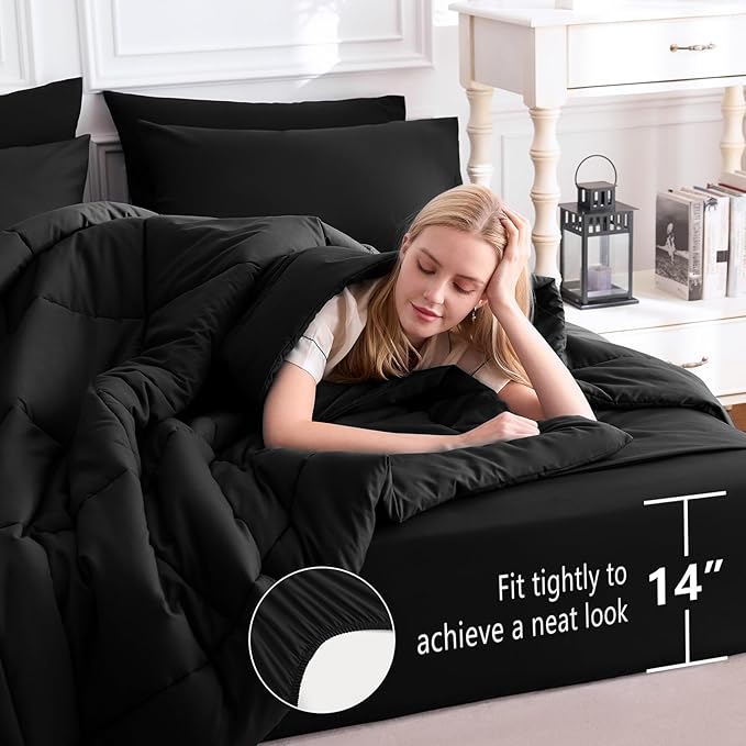 CozyLux Queen Comforter Set Black, 7 Pieces Bed in a Bag, Black Comforter Queen Size, All Season Bedding Sets with Stitch Quilted Comforter, Flat Sheet, Fitted Sheet, Pillowcases