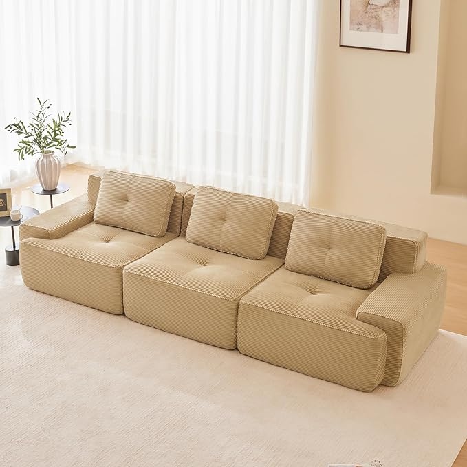 115" Modern Compressed Boneless Couch, 3 Seater Sectional Couches for Living Room, Camel Corduroy Cloud Modular Sectional Sofa, Comfy Memory Foam, Extra Deep, Sofas para Sala, No Assembly