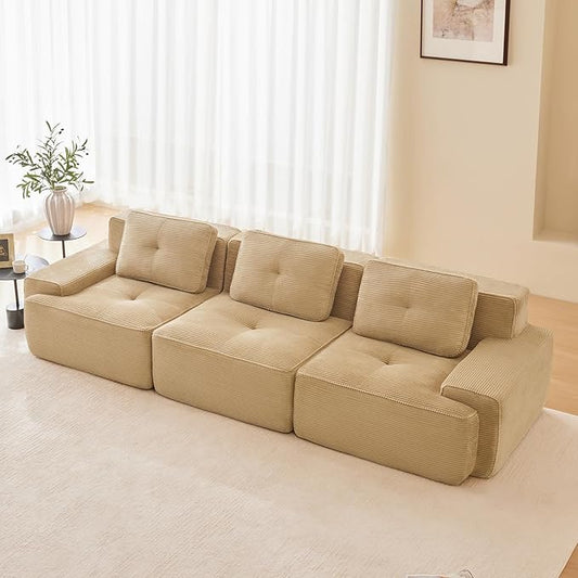 115" Modern Compressed Boneless Couch, 3 Seater Sectional Couches for Living Room, Camel Corduroy Cloud Modular Sectional Sofa, Comfy Memory Foam, Extra Deep, Sofas para Sala, No Assembly