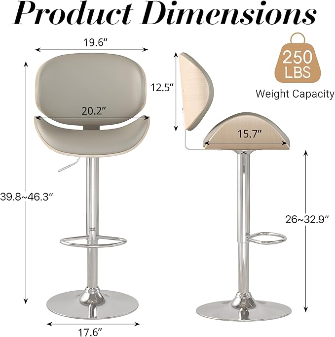 Adjustable Swivel Bar Stools Set of 2, Modern Bentwood Barstool with Large Metal Base and Footrest, PU Leather Upholstered Bar Chair with Curved Back for Kitchen Island Dining Room, Gray