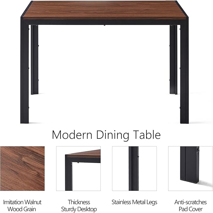 Vintage Dining Table Set for 4, 47" Solid MDF Table Faux Wood Industrial Style Kitchen Table Set with 4 Brown Leather Dining Chairs for Breakfast Nook, Dinette