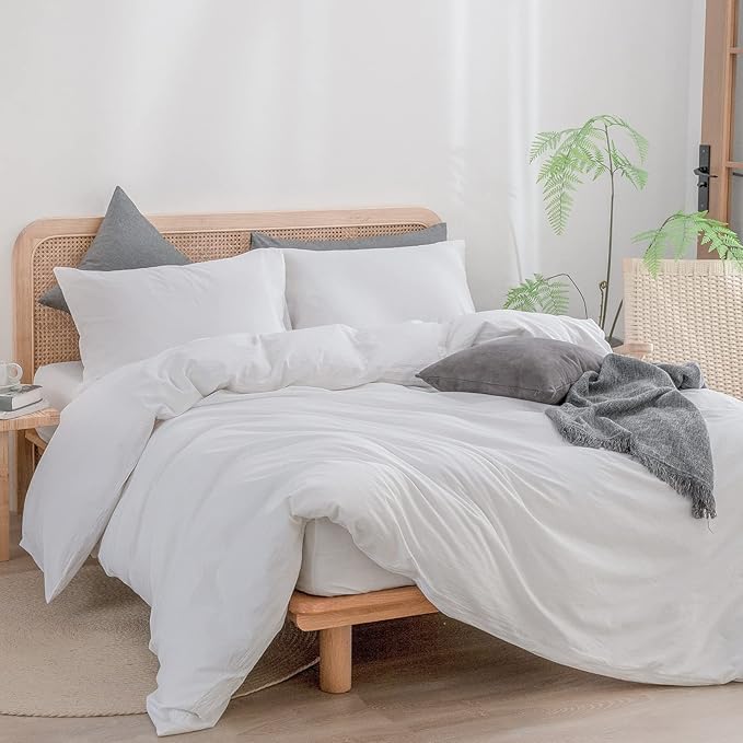 BESTOUCH Duvet Cover Set 100% Washed Cotton Linen Feel Super Soft Comfortable Chic Lightweight 3 PCs Home Bedding Set Solid Bright White Super King Plus