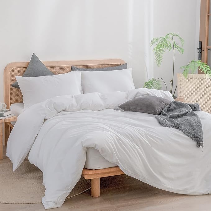 BESTOUCH Duvet Cover Set 100% Washed Cotton Linen Feel Super Soft Comfortable Chic Lightweight 3 PCs Home Bedding Set Solid Bright White Full/Double