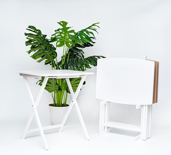 PJ Wood 5 Pack XL Oversize Tray Table for Living Room or Kitchen, Indoor TV Tray Set for Small Spaces and Family Gatherings, White