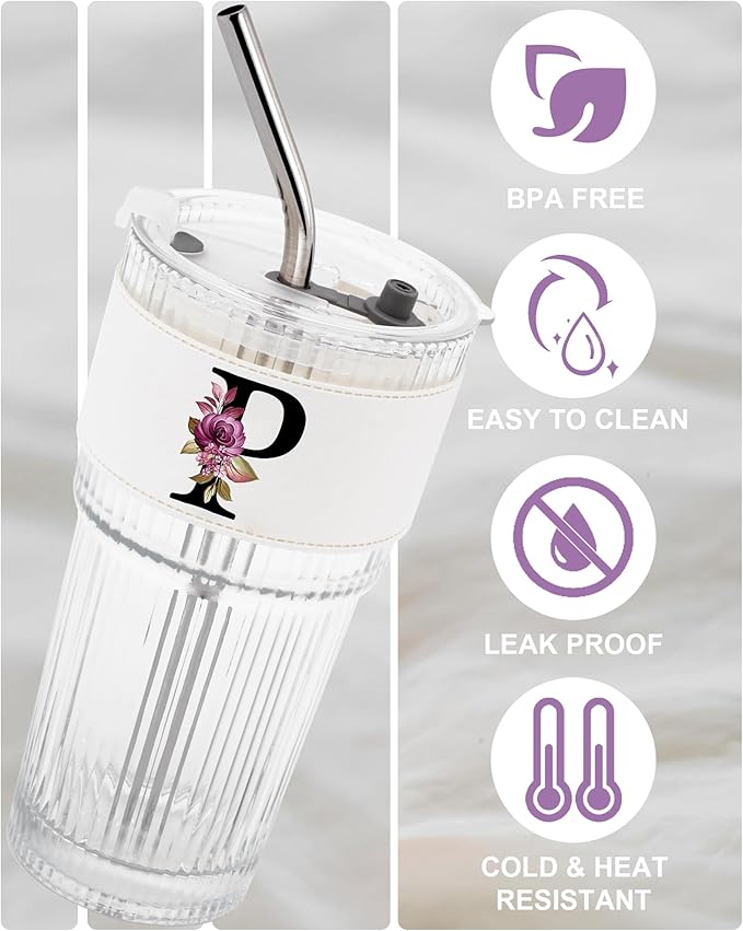 Monogram Glass Cup with Lid Straw Ribbed Matcha Latte Clear Tumbler Teacher Boss Gifts Kindergarten Female Preschool Pre K Prek Middle High School First Year 2nd 3rd 4th 5th Appreciation Grade Gift P