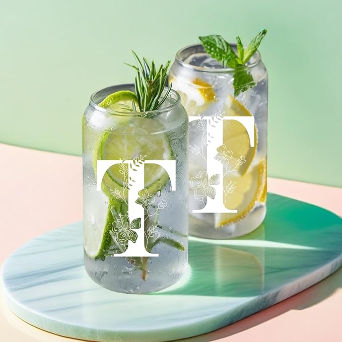 Unique Initial Glass Cup with Lids and Straws, Monogrammed Gifts Box Included Makeup Bag, Christmas Birthday Gifts for Women Mom Sister Grandma, T