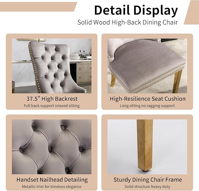 Luxury Upholstered Dining Chairs Set of 4, Grey Kitchen Chair with Golden Metal Legs, Velvet Tufted Back Dining Chair, Sillas de Comedor, Modern Kitchen & Dining Room Chairs (Gray, 4 Pcs)
