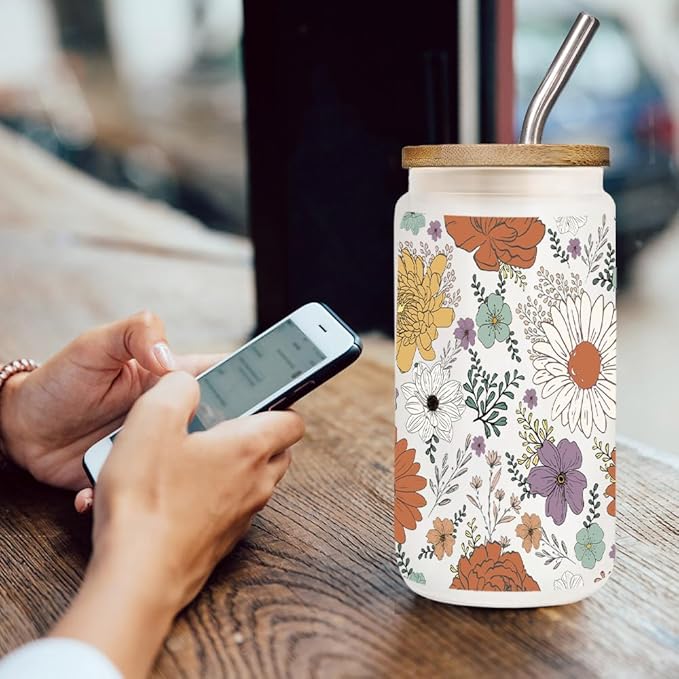 Floral Daisy Iced Glass Cups with Bamboo Lids and Straws 16oz Wildflower Gift for Women Cute Flower Drinking Glass with Cleaning Brushes, Flower Gifts for Mother Birthday Bridesmaid Party