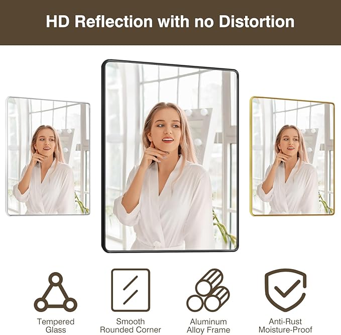 Black Framed Mirrors for Bathroom,60 x 30 Inch Rounded Conner Rectangle Mirror for Wall, Matte Black Vanity Mirror with Tempered Glass,Anti-Rust,Hangs Horizontally or Vertically