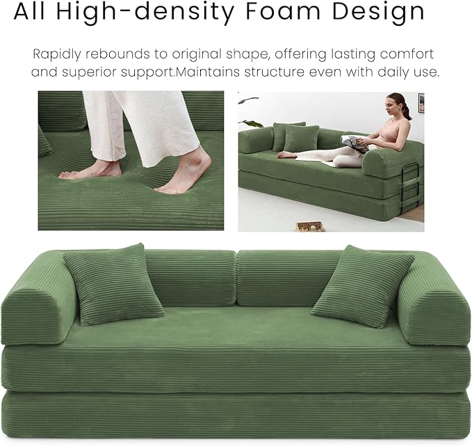 Compression Sofa - 79'' Convertible Sofa Bed, Boneless Couch in a Box, Modular Corduroy Foldable Sleeper Sofa with 2 Pillows, Loveseat Couches for Living Room (Corduroy Fabric, Dark Green)