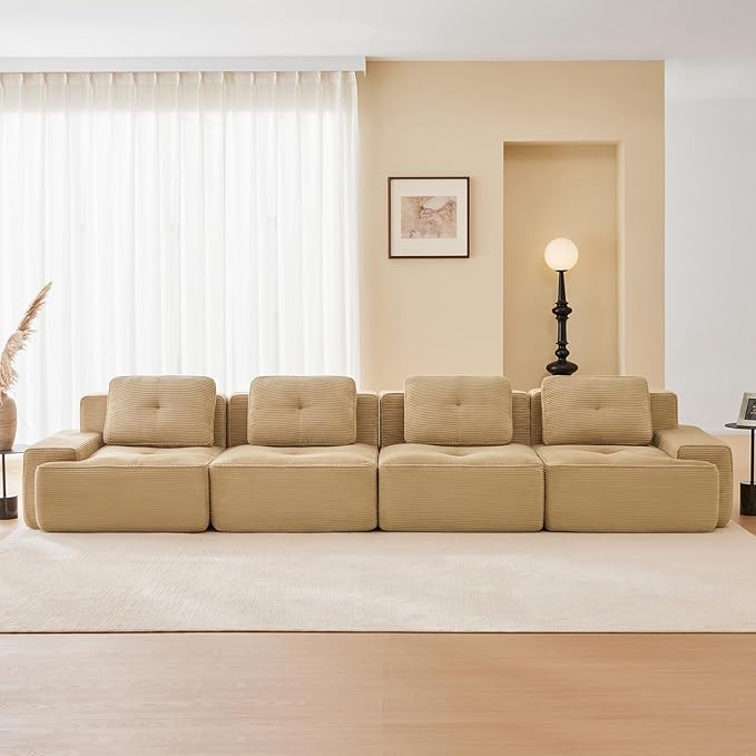 150" Modern Corduroy Cloud Sofa, Boneless Modular Large Sectional Couches for Living Room, Camel 4 Seater Compressed Memory Foam Couch, Extra Deep Seat, No Assembly