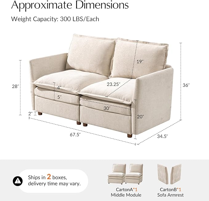 HULALA HOME 68'' Loveseat Sofa with Dual-Layered Cushions, 2 Seater Sofa with Storage Ottoman and Removable Cover, Modern Deep Seat Cloud Couch for Living Room, Beige